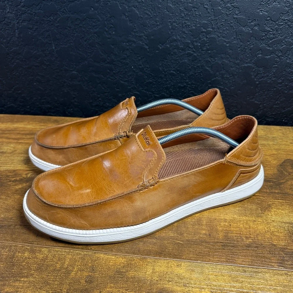 OluKai Kakaha 10557-FXFX Tan Leather Slip-On Loafers Mens Size 13 US / 46 EU